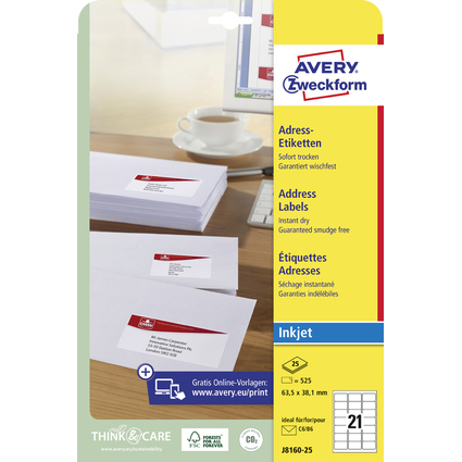 AVERY Zweckform Inkjet Adress-Etiketten, 63,5 x 38,1 mm