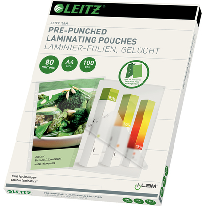 LEITZ Laminierfolientasche, DIN A4, Abheftlochung, 160 mic