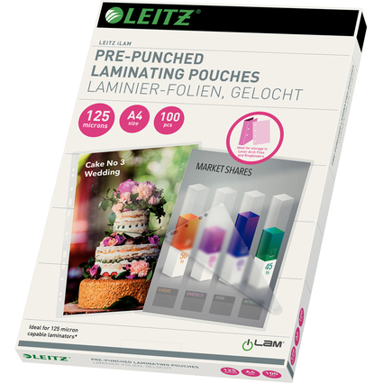 LEITZ Laminierfolientasche, DIN A4, Abheftlochung, 250 mic