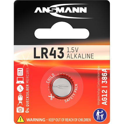 ANSMANN Alkaline Knopfzelle LR43/LR1142/AG12, 1,5 Volt