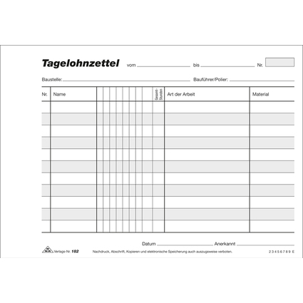 RNK Verlag Vordruck "Tagelohnzettel", Block, SD, DIN A5 quer