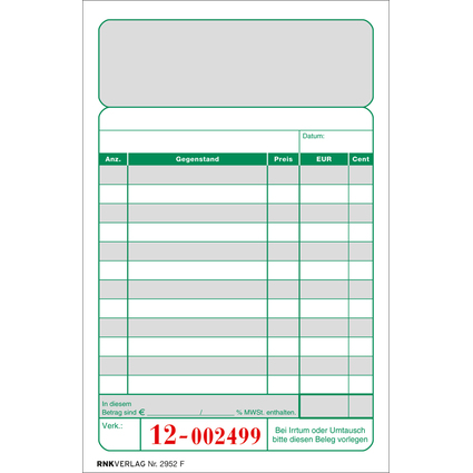 RNK Verlag Kassenblock, 96 x 167 mm, 2 x 50 Blatt