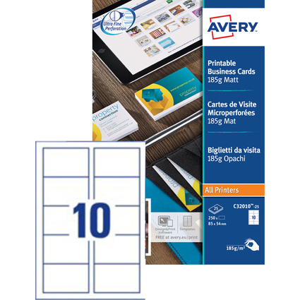 AVERY Cartes de visite Quick&Clean, 185 g/m2, blanc mat