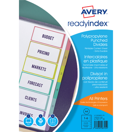 AVERY Intercalaires Readyindex, PP, 6 touches, A4