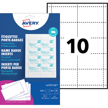 AVERY Inserts imprimables pour badges, 54 x 90 mm, blanc