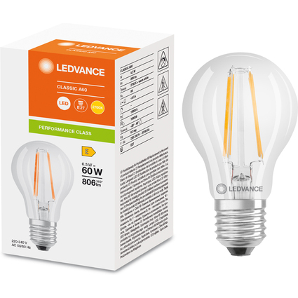 LEDVANCE LED-Lampe CLASSIC A, 6,5 Watt, E27, klar