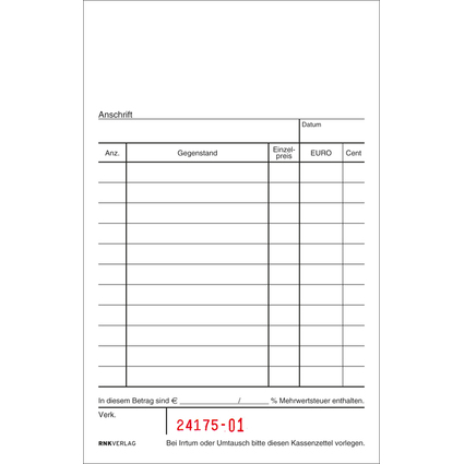 RNK Verlag Kassenblock, 96 x 167 mm, 2 x 50 Blatt