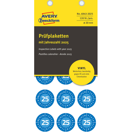 AVERY Zweckform Prfplaketten, 2025, Vinyl, blau, 20 mm