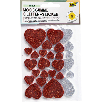 folia Moosgummi Glitter-Sticker, Herzen rot / silber