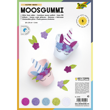 folia Glitter-Moosgummi, 200 x 290 mm, 5 Blatt, sortiert