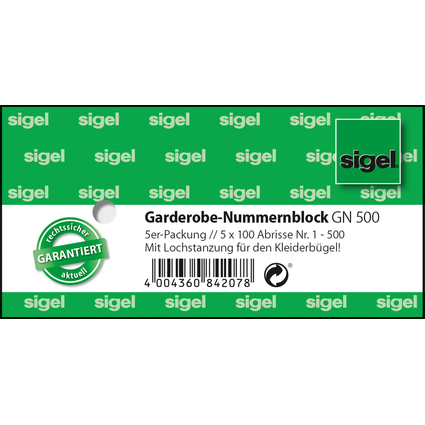 sigel Nummernblock "Garderobe", 1-500, (B)105 x (H)50 mm