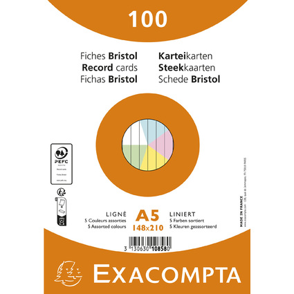 EXACOMPTA Karteikarten, DIN A5, liniert, farbig sortiert