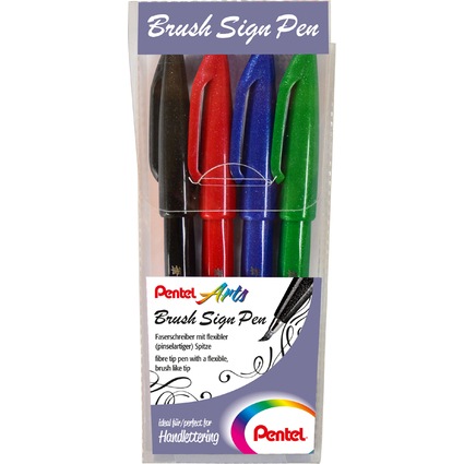 PentelArts Faserschreiber Brush Sign Pen, 4er Etui, Basic