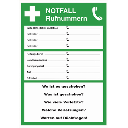 Leina Hinweisschild "Notfall-Rufnummern"