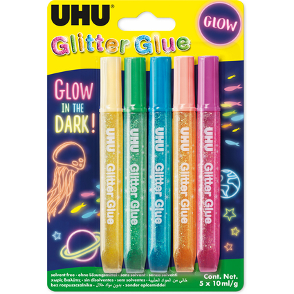 UHU Glitzerkleber Glitter Glue "GLOW IN THE DARK", 5 x 10 ml