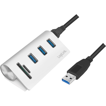 LogiLink USB 3.0 Hub + mit Kartenleser, 3-Port, silber