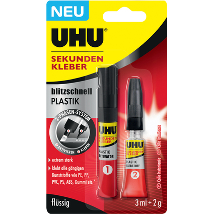 UHU Sekundenkleber blitzschnell PLASTIK, 3 ml + 2 g