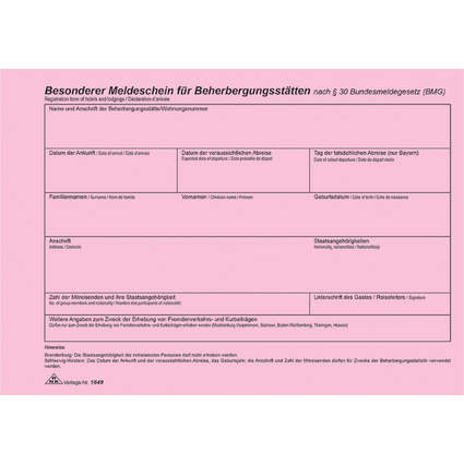 RNK Verlag Meldeschein fr Beherbergungssttten, DIN A5