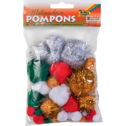 folia Pompons, 30 Stck, Weihnachtsfarben