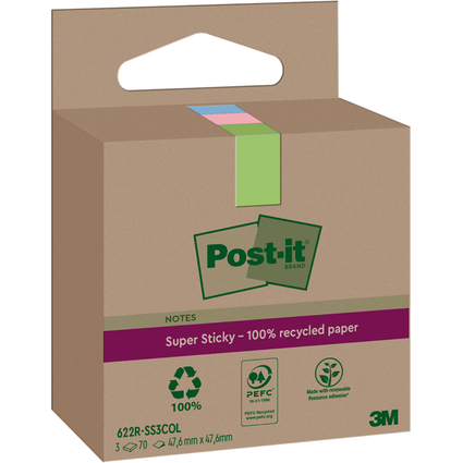 Post-it Super Sticky Recycling Notes, 47,6 x 47,6 mm, farbig