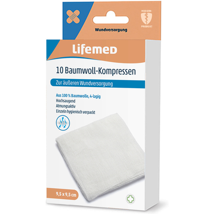 Lifemed Baumwoll-Kompressen, 95 x 95 mm, wei