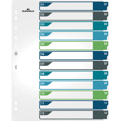 DURABLE Kunststoff-Register, Zahlen, A4+, 12-teilig, 1 - 12