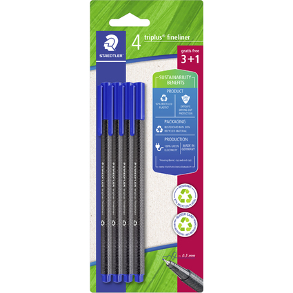 STAEDTLER Fineliner triplus, blau, 4er Blister (3+1 gratis)