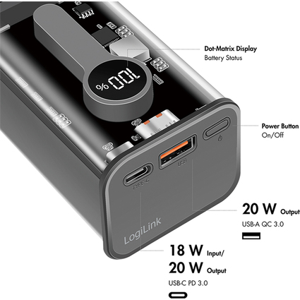 LogiLink Mobiler Zusatzakku mit Display, 10.000 mAh, schwarz