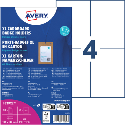 AVERY Namensschilder-Tasche XL, aus Karton, 105 x 148 mm